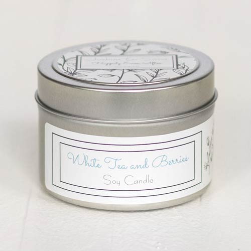 Side view of a finished wedding favor candle tin
